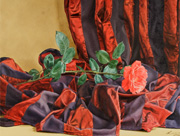 Natura morta con drappo rosso e rosa, olio su tela di Luana Tuis